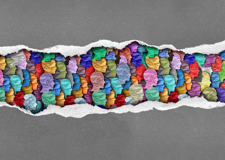 Diverse society and social diversity or searching for an audience or followers as a background as a color diverse ethnic group of people inside torn paper as a group of people idea in a 3D illustration style.