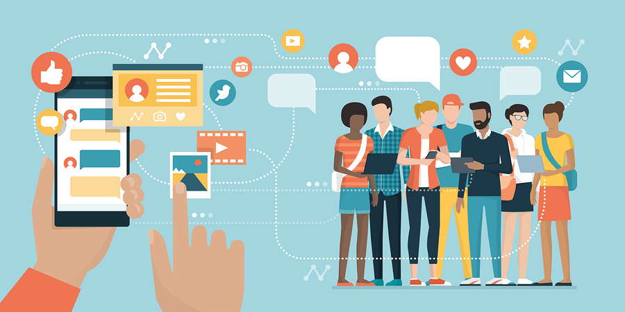 User social networking and chatting using apps on his smartphone and young people connecting online using their devices: social media and communication technology concept