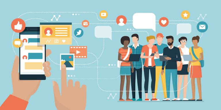 User social networking and chatting using apps on his smartphone and young people connecting online using their devices: social media and communication technology concept