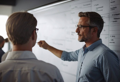 Leadership Brainstorm session with employees working on white board to make sure targets are being met while working together with each other lead