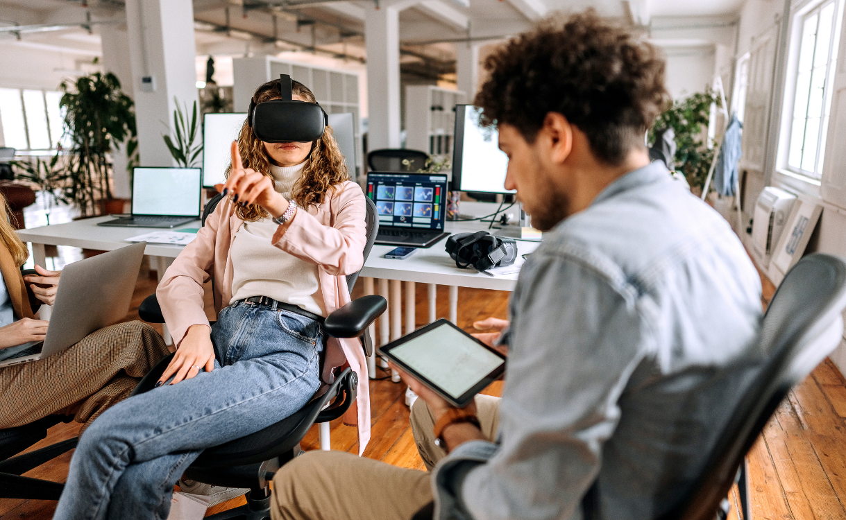 upskilling employees in an elearning environment where Learning And Development is a priority and they are learning about virtual reality or an augmented reality gamification way to gather new skills and upskill themselves