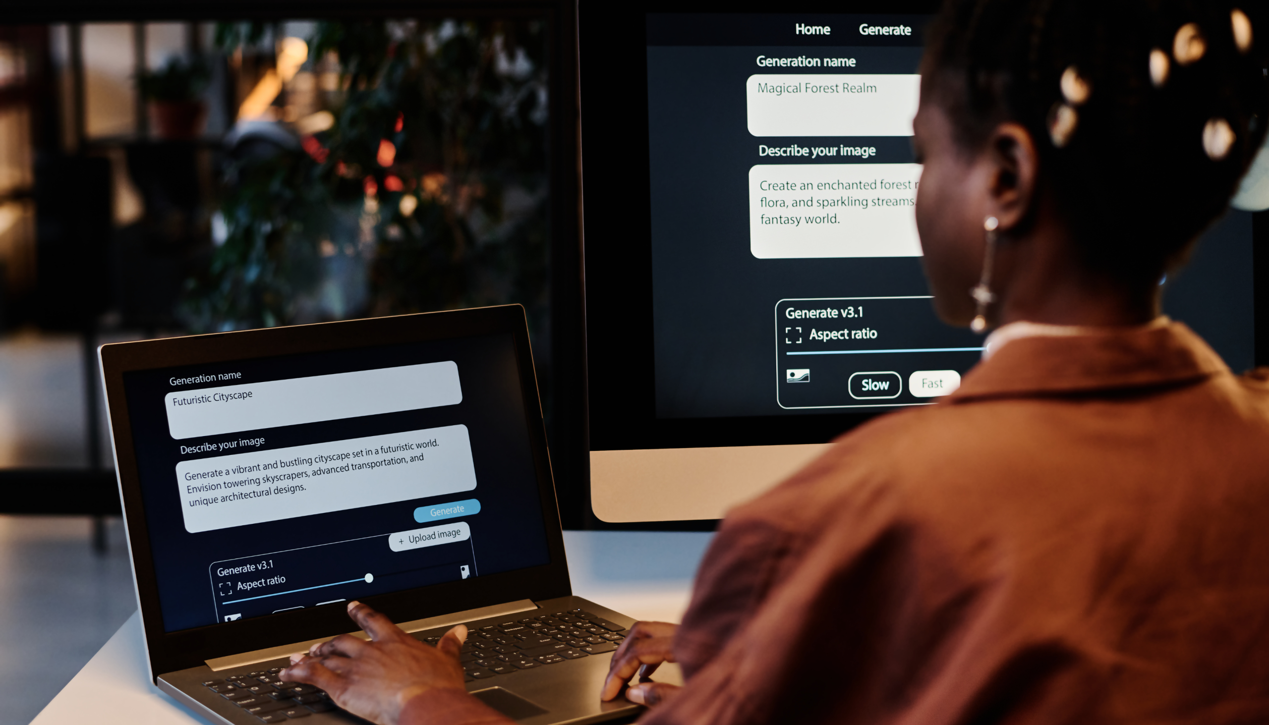 an employe at their computer and laptop using AI adoption in the workplace with various technology