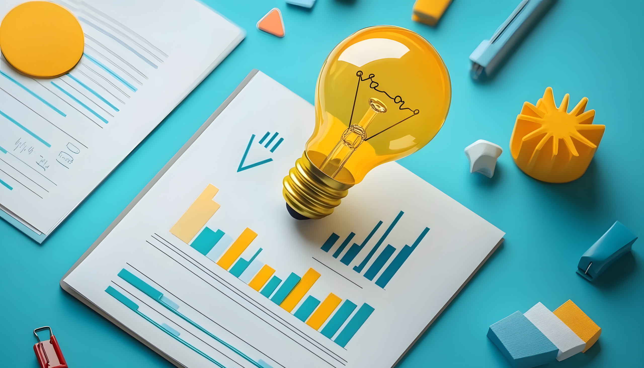 new ideas lightbulb and stats demonstrating new thinking for strategy planning