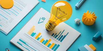 new ideas lightbulb and stats demonstrating new thinking for strategy planning
