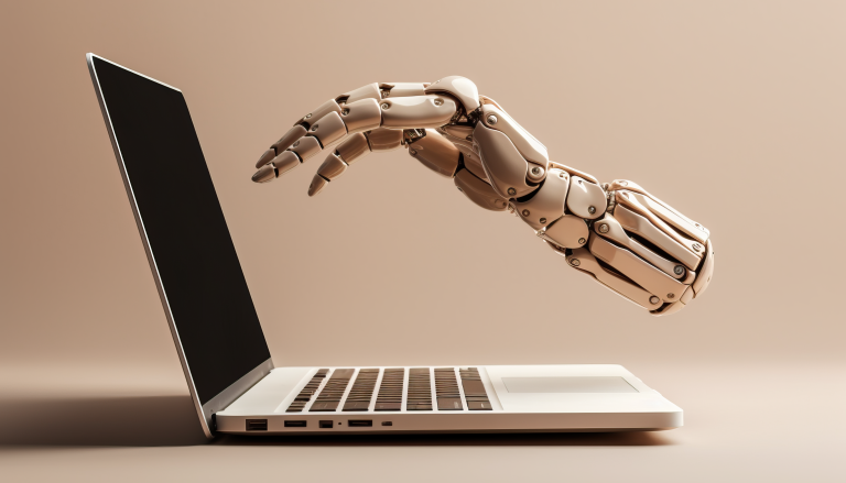 automation of a robot arm working on a laptop possibly showing a robot taking a humans job that could be run by ai and whether it will replace humans in the future world of work
