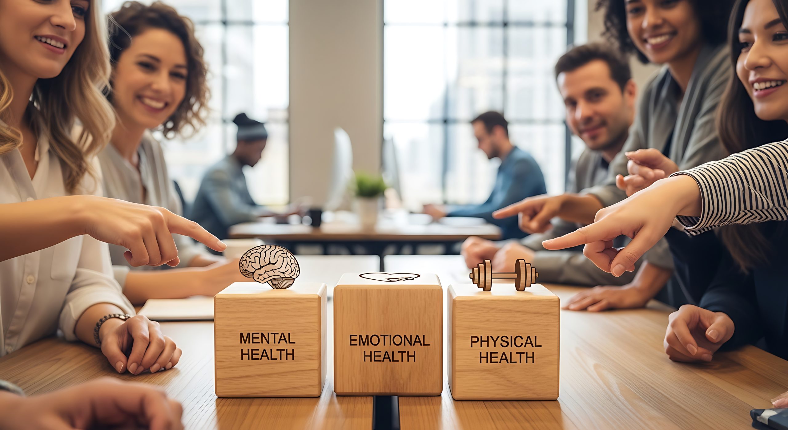 Diverse team that emphasizes mental emotional and physical health in the workplace meeting