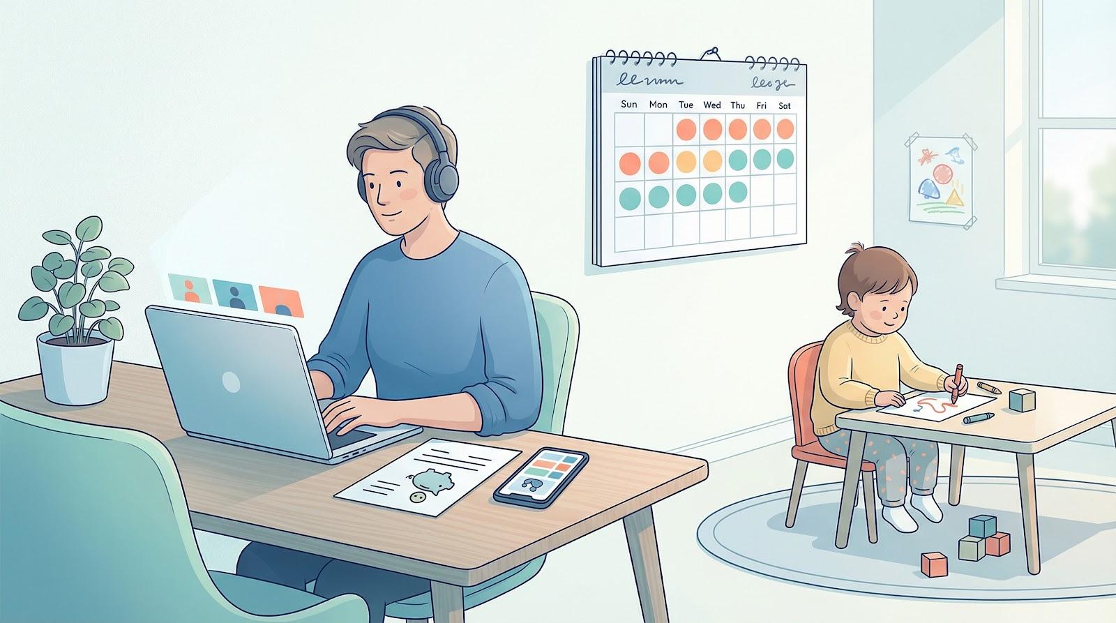 an employee working at home with earphones on a laptop with their child in the background playing