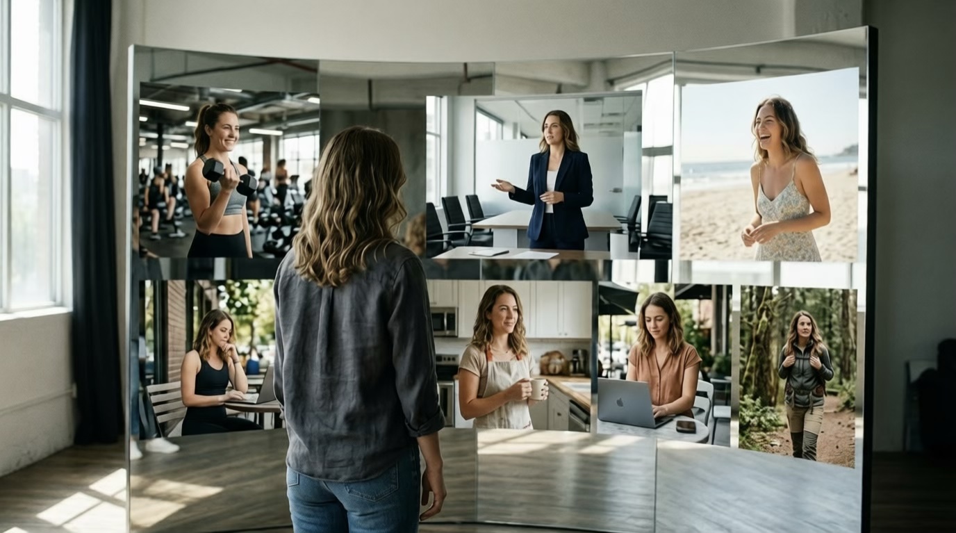 female employee looking at different versions of herself exercising, working, having fun, living life