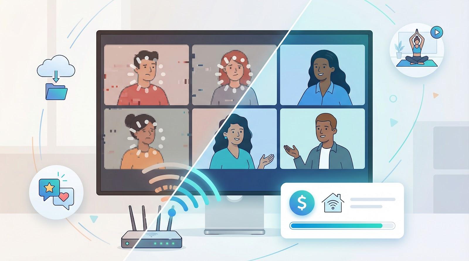 online meeting with a number of different employees communicating with each other with good connectivity at home with a good router