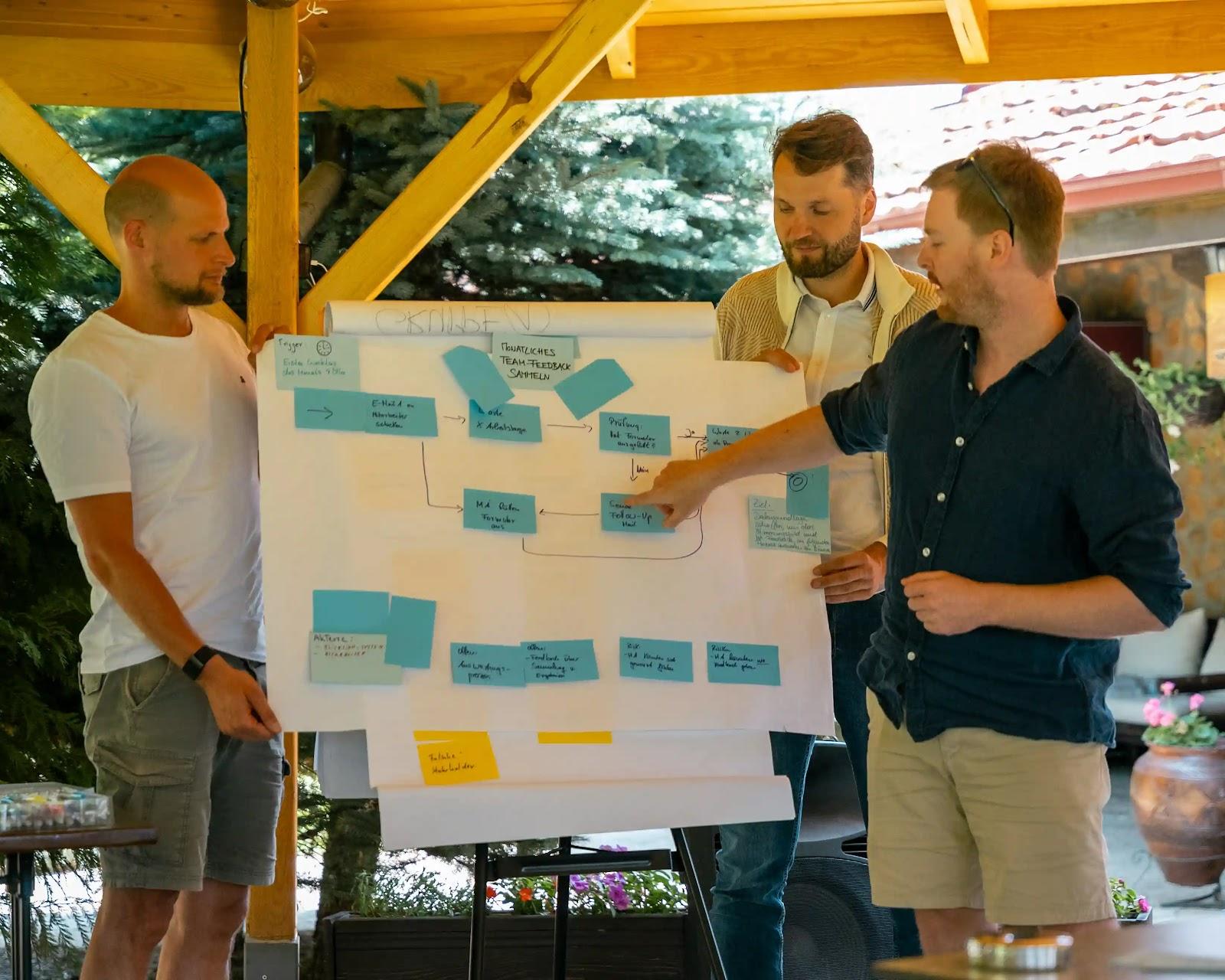 team of three employees explaining an idea, planning for future and exploring future strategies