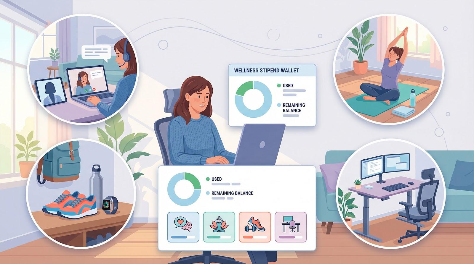 wellness unpacked in a picture of an employee doing yoga or pilates, a home desk working environment, a water bottle with takkies:sneakers to go run and working talking to employees remotely on a laptop