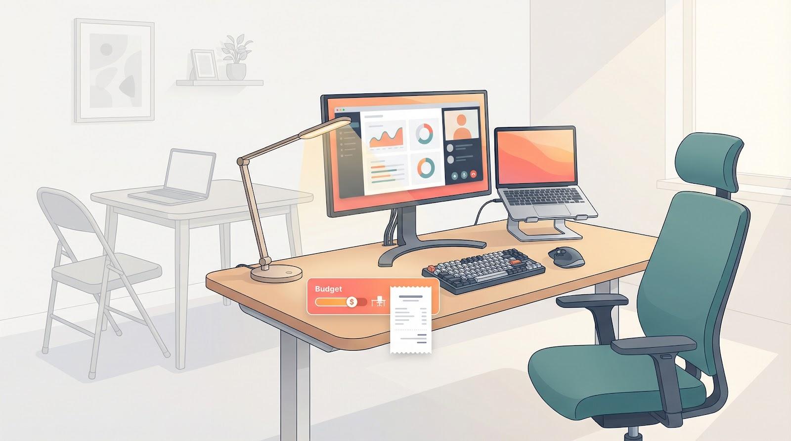 working desk with laptop and computer with desk chair in a home environment