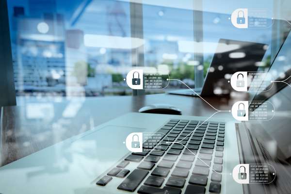 data and information shown on a laptop and graphics of technology, hr tech and digital transformation transformation security HR AI