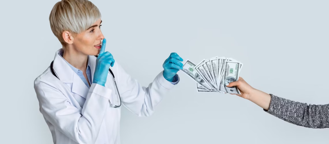 Corruption in medicine concert. Woman doctor in medical gloves takes money from patient hands and makes sign of silence, studio shot