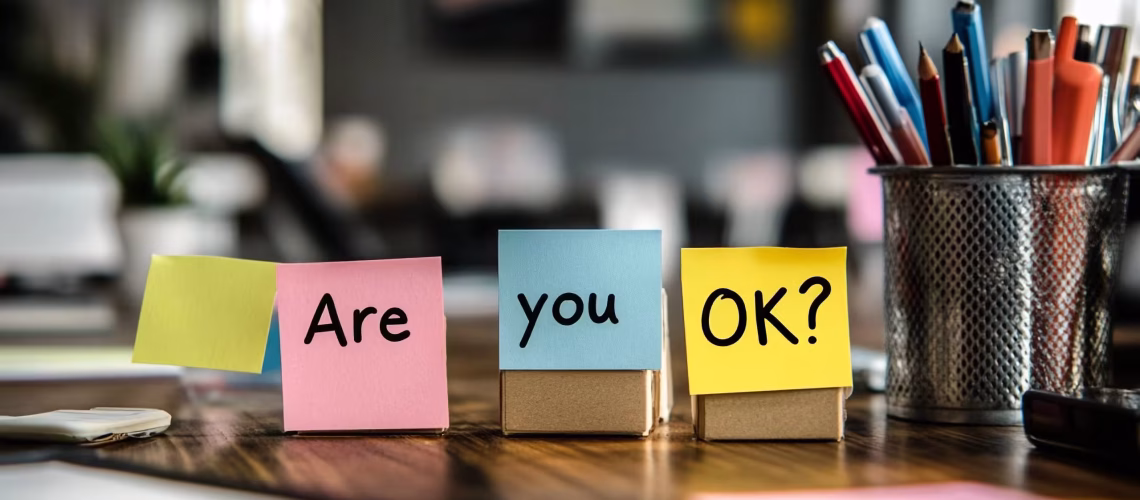 Are you okay? Colored stickers with the inscription. Mental health of employees at work. Team care for colleagues