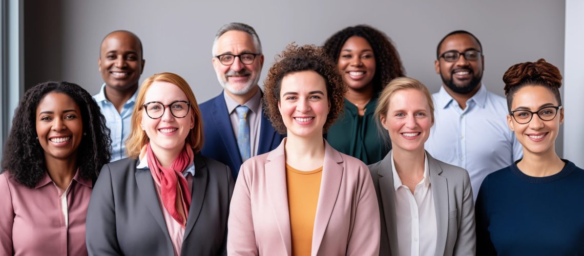 A team of diverse employees that work together in a happy environment