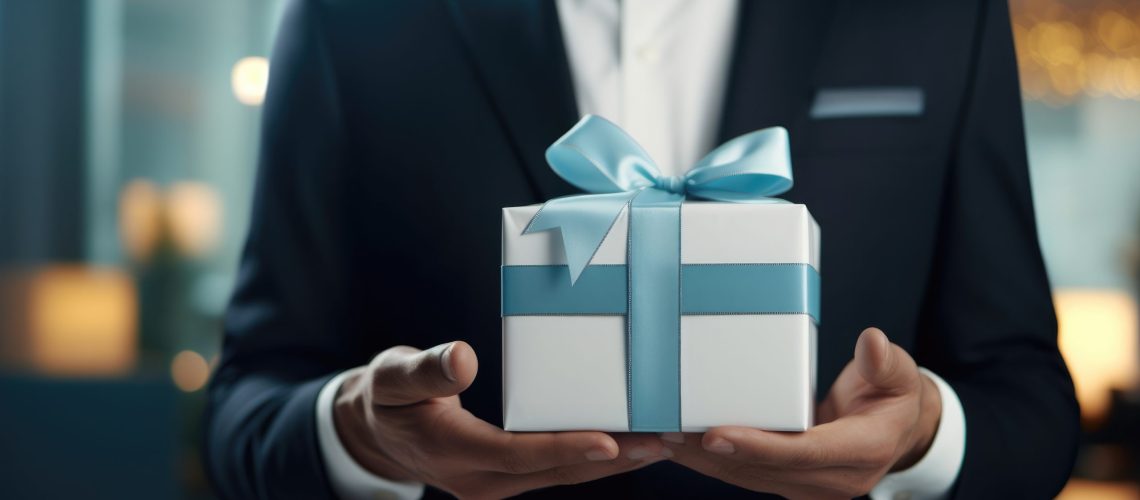 Close up - Hands of businessman in blue shirt holding gift box. Business concept, generative ai