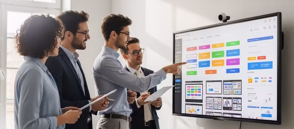 team planning in a meeting of leadership team regarding tools and various measurement sharepoint data under hr tech management almost similar to data decision making