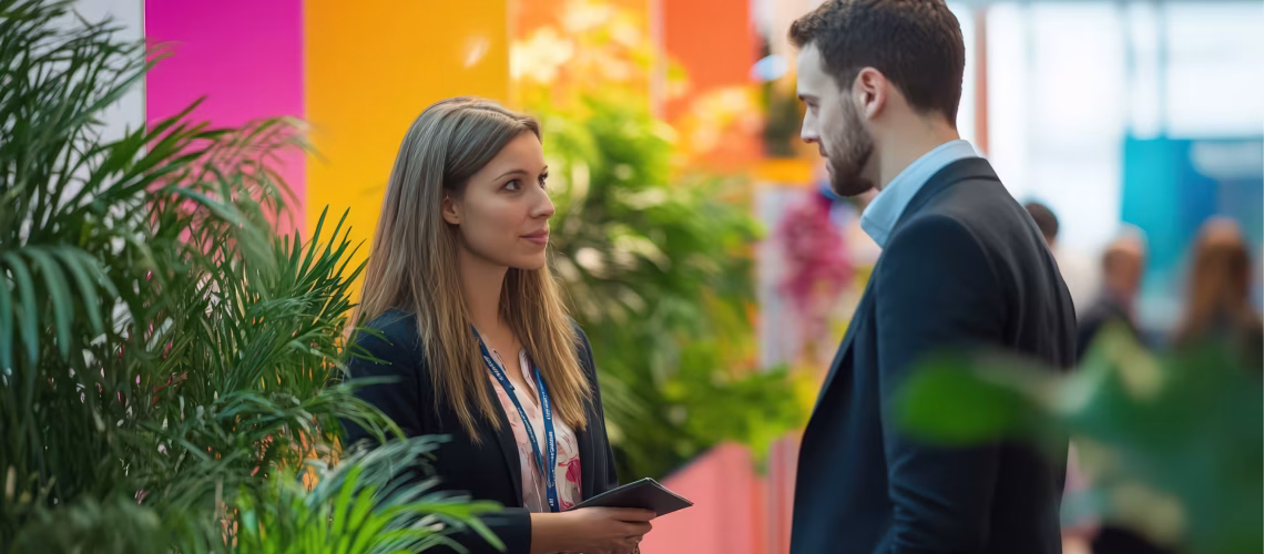 two employees talking to each other at a function showing employee engagement across departments and human connection