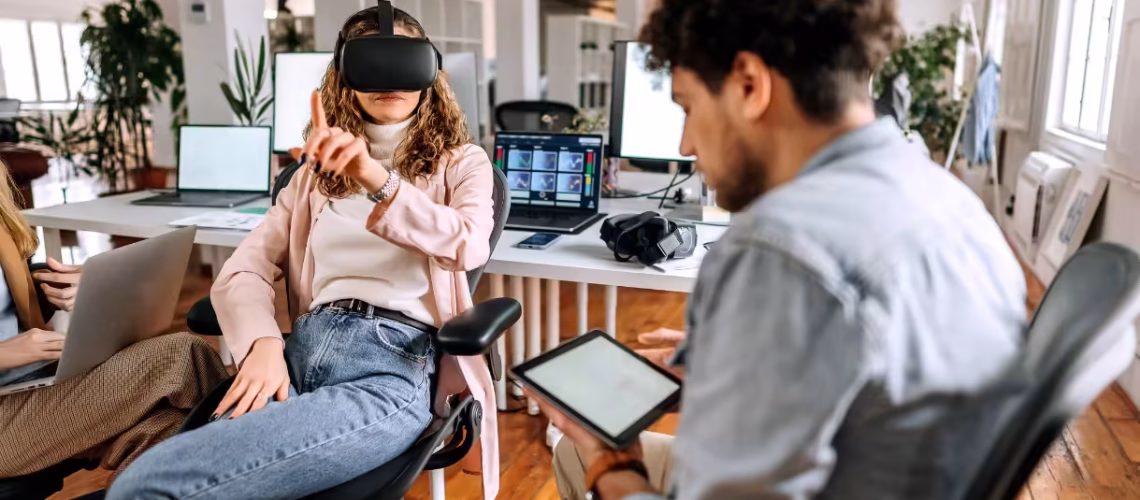 upskilling employees in an elearning environment where Learning And Development is a priority and they are learning about virtual reality or an augmented reality gamification way to gather new skills and upskill themselves