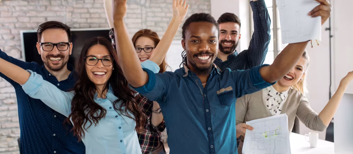 happy employees rewarded successful team excited celebrating