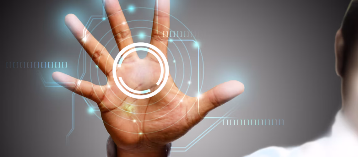 hr technology where a company employee is holding up their hand with a digital imprint on it for hiring software and AI (artificial intelligence)