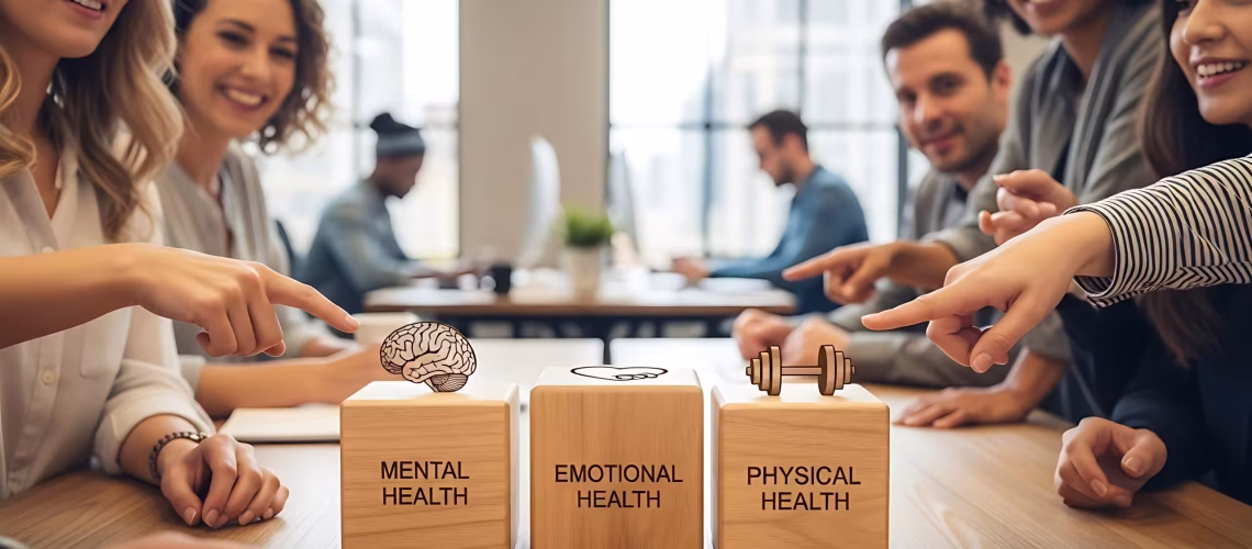 Diverse team that emphasizes mental emotional and physical health in the workplace meeting
