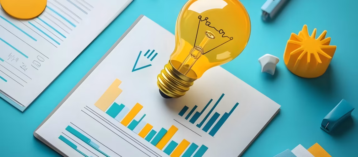 new ideas lightbulb and stats demonstrating new thinking for strategy planning