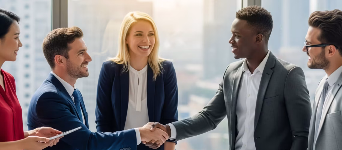 a new employee meeting a team member and shaking their hand while looking happy and helps retention, engagement and onboarding
