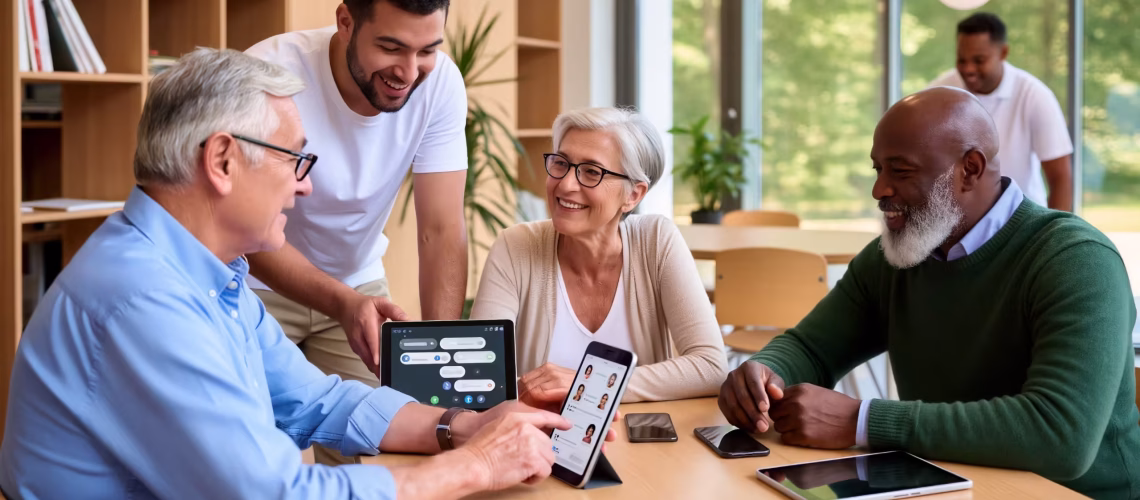 employees around a table of various generations talking to each other with technology, showing how retirement and midlife crisis career paths have changed over the years for multiple generations such as millennials gen x gen alpha gen beta boomers