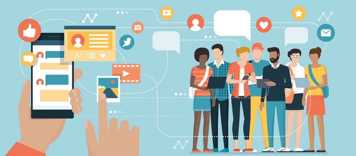 User social networking and chatting using apps on his smartphone and young people connecting online using their devices: social media and communication technology concept